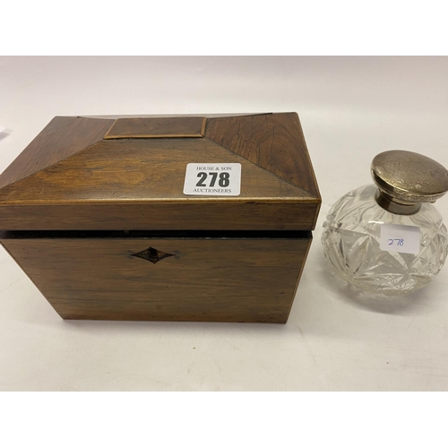 278 - A Regency rosewood sarcophagus shaped tea caddy with ring handled handles - 7 1/2in. wide and a circ... 