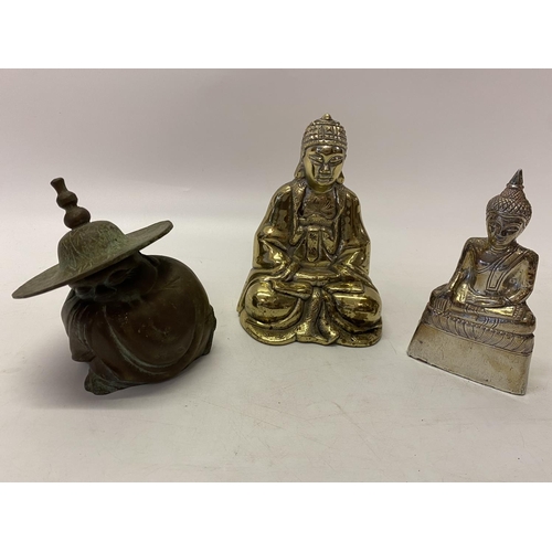 283 - A brass covered pot in the form of a Chinese male figure wearing a hat, a brass covered Buddha and a... 