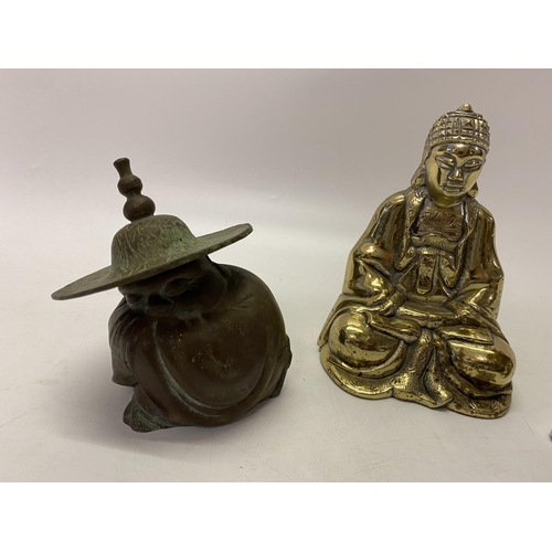 283 - A brass covered pot in the form of a Chinese male figure wearing a hat, a brass covered Buddha and a... 