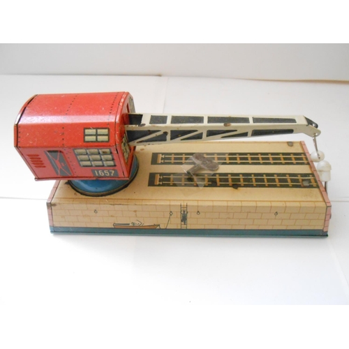 372 - A US Zone Germany tin plate car transporter and a Russian tin plate crane, boxed - 8 1/2in. long