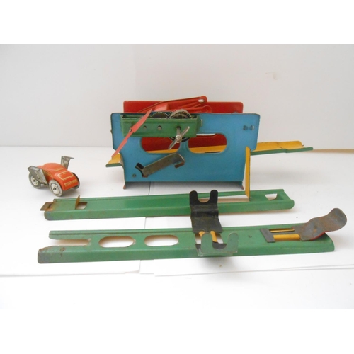 372 - A US Zone Germany tin plate car transporter and a Russian tin plate crane, boxed - 8 1/2in. long