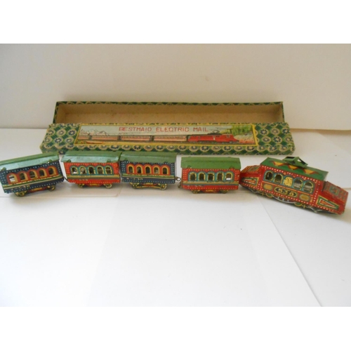 377 - A tin plate clockwork Magic Railway, boxed and a Bestmaid Electric Railway, boxed