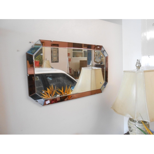 53 - A modern white framed cheval mirror - 65in. high, an Art Deco style wall mirror with peach and clear... 