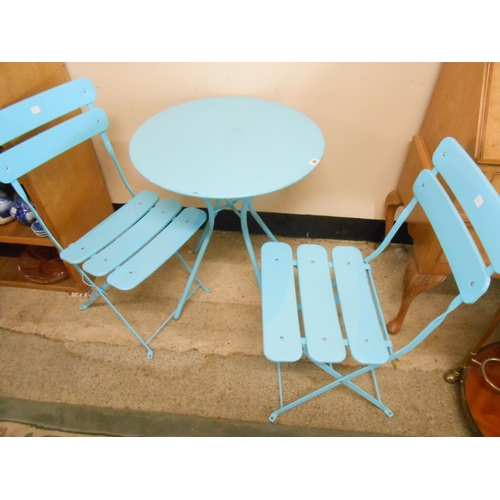 59 - A modern blue sprayed folding patio table and two matching folding chairs