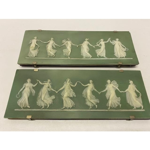 108 - Two green jasper and white bas relief panels decorated classical ladies - 4in. x 11 1/2in.