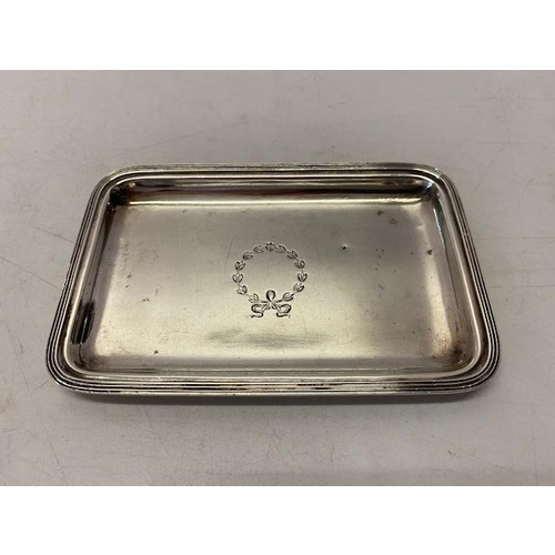 145 - A small rectangular silver card tray with reeded border and engraved harebell wreath to the centre -... 