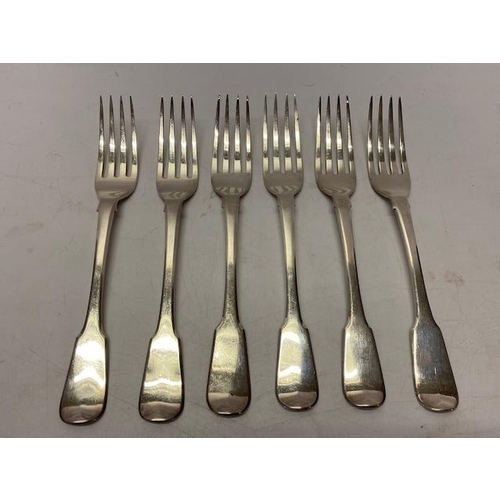 177 - A set of six Georgian silver table forks with fiddle pattern handles - London 1820, makers marks for... 