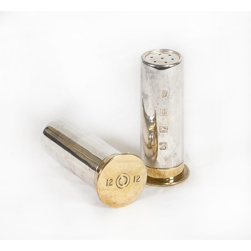 162 - A modern silver and gilt pepperette and matching salt in the form of 12 gauge shotgun cartridges - B... 