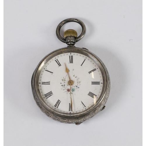 182 - A lady's fob watch with white enamel dial, in a Continental silver case with engraved decoration