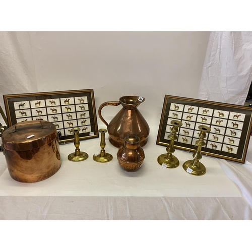 209 - A copper cooking pot, copper measure, copper Guernsey jug, fifty Players Derby and Grand National Wi... 