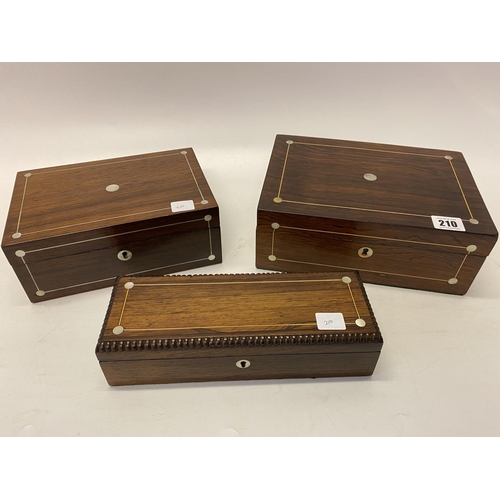 210 - Three Victorian rosewood. brass and mother of pearl inlaid boxes - 8 3/4in., 9 3/4in. and 10in. wide