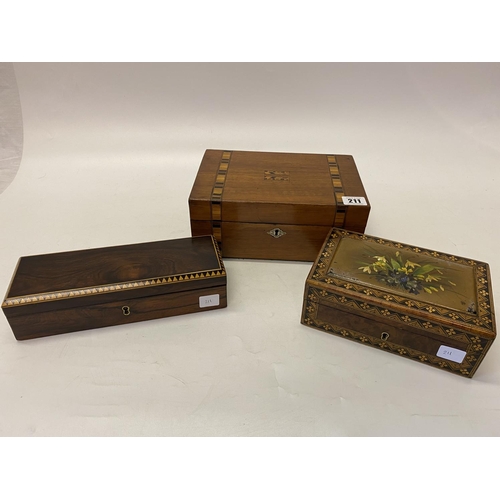 211 - A Victorian walnut and banded sewing box with fitted interior - 9 3/4in. wide, a burr walnut box wit... 