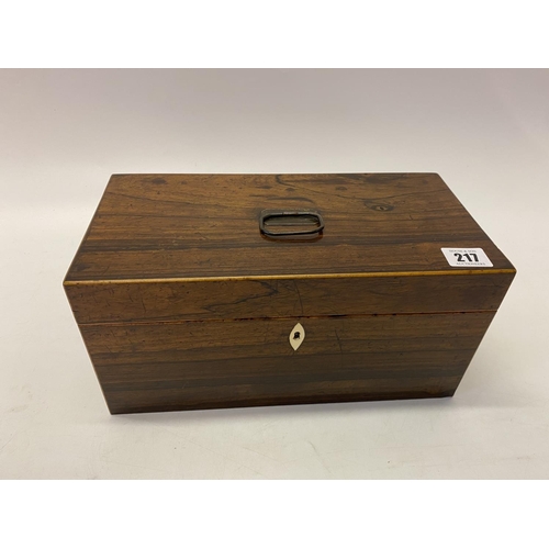 217 - A Georgian coromandel wood veneered tea caddy with centre carrying handle, the interior fitted two l... 