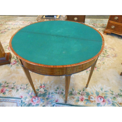 61 - An Edwardian satinwood and inlaid card table with half round folding top, harebell and swag decorati... 