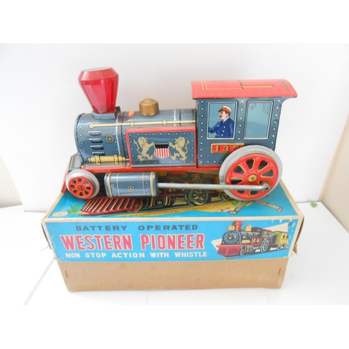 373 - A Japanese Modern Toys battery operated Eastern Pioneer, boxed and a Hooting Locomotive, boxed - bot... 