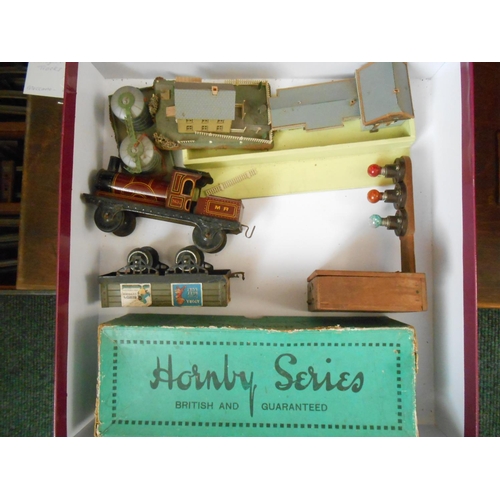 376 - A selection of tin plate rolling stock and track, in wooden box and a selection of Hornby and other ... 