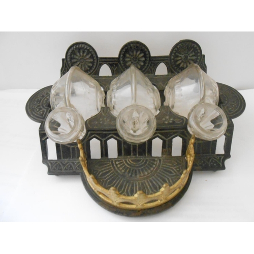 391 - A French inkstand fitted three glass shell form inkwells - 8in. wide, a French brass ditto fitted gl... 