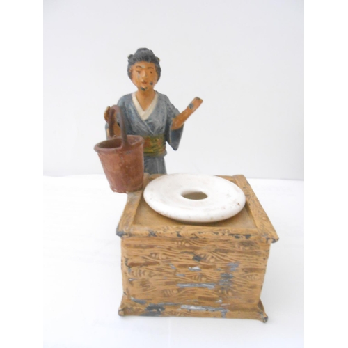 392 - Five inkwells comprising:- painted metal Japanese lady and bucket beside a well - 3 3/4in. high, a g... 