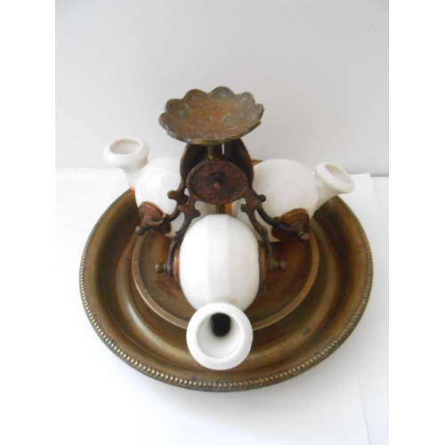 394 - A French inkstand fitted three pottery shells, on coppered base - 6in. high and 8 1/4in. dia.