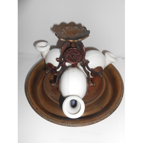 394 - A French inkstand fitted three pottery shells, on coppered base - 6in. high and 8 1/4in. dia.