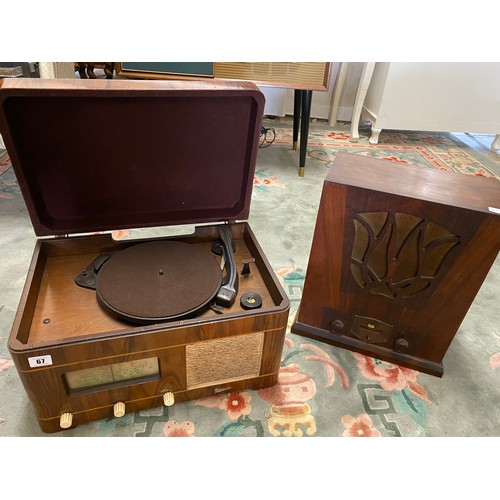 67 - A Marconi record player in a walnut and inlaid case and a vintage wireless radio in a wooden case