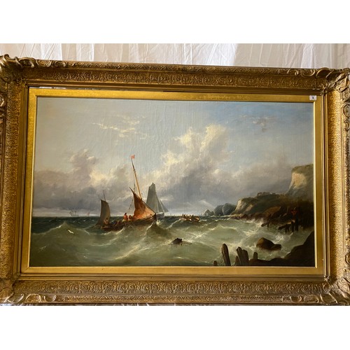 5 - W.H Williamson 1861.  A 19th Century signed oil on canvas - Fishing boats on a choppy sea, gilt fram... 