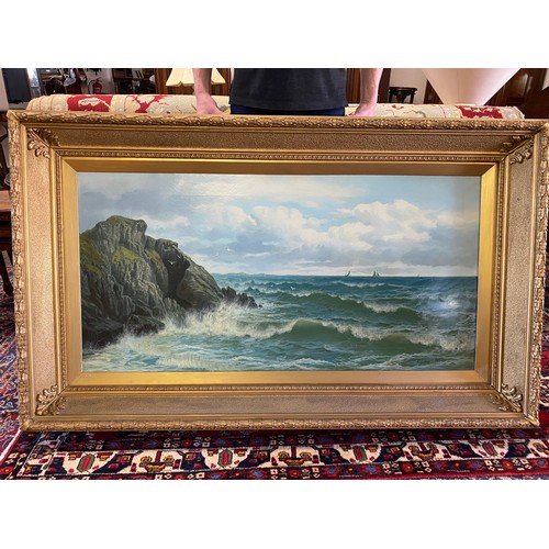 16 - D. James.  A large oil on canvas - Coastal scene with rocks and sailing boats on the horizon, under ... 