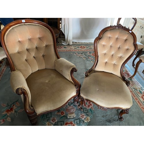 97 - Two Victorian mahogany framed armchairs upholstered in cream material and three Victorian mahogany f... 