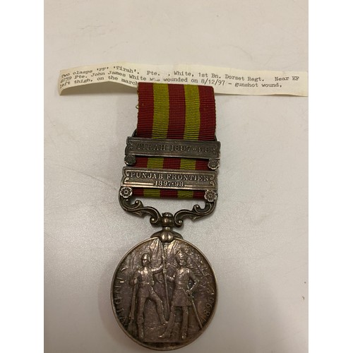 214 - An India medal with Punjab Frontier 1897-98 and Tirah 1897-98 bars awarded to 4259 Pte J White 1st B... 