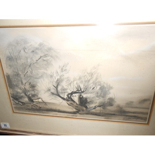 11 - Ralph Leaper.  A charcoal drawing - Old Willows Braemore, mounted, framed and glazed - 10in. x 16in.