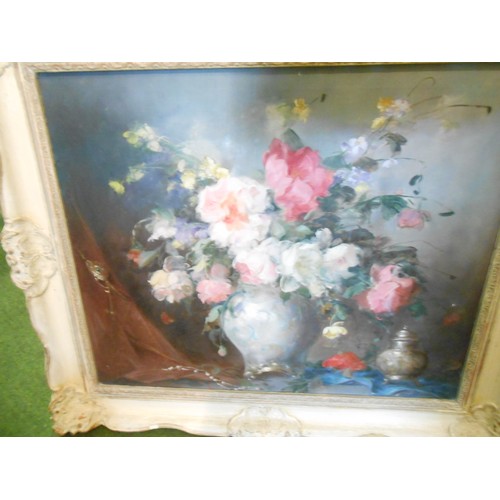 17 - A signed oils - Still life of flowers, framed - 19in. x 23in., a 1950's coloured print of a teddy be... 