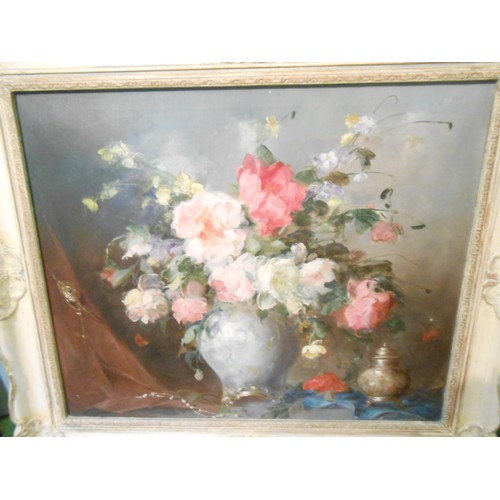 17 - A signed oils - Still life of flowers, framed - 19in. x 23in., a 1950's coloured print of a teddy be... 