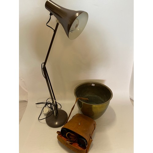 44 - A brown sprayed anglepoise lamp, a brass jardiniere and a pair of binoculars