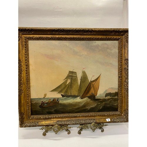 4 - Oils on canvas - French fishing boats on a rough sea with figures in a rowing boat, gilt framed - 24... 