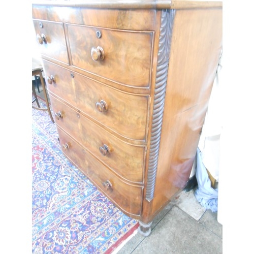 54 - A Victorian mahogany bow front chest fitted two narrow and three wide drawers, turned wood knob hand... 