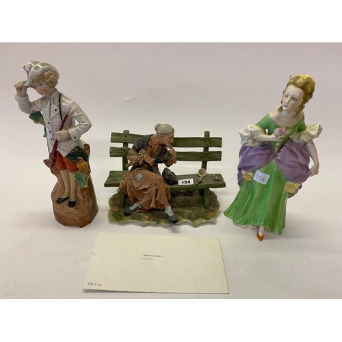 134 - A Capodimonte style figure of a lady seated on a bench, a German figure of a lady in green and lilac... 