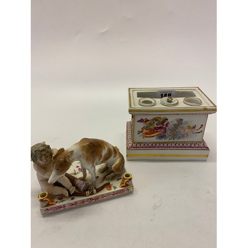 148 - A 19th Century Berlin porcelain covered inkwell, the lid with greyhound and cupid surmount, on raise... 