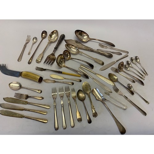 203 - A selection of plated flatware including fish knives and forks, ladles, sugar sifting spoon, fish se... 