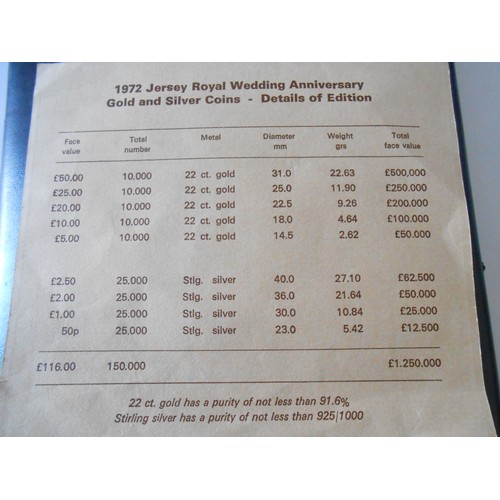 263 - A 1972 Jersey Royal Wedding Anniversary Gold and Silver coin set in fitted box complete with certifi... 