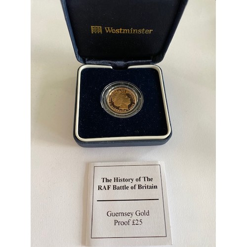 258 - A Westminster Mint History Of The RAF Battle Of Britain Guernsey Gold Proof £25 coin, in fitted box,... 