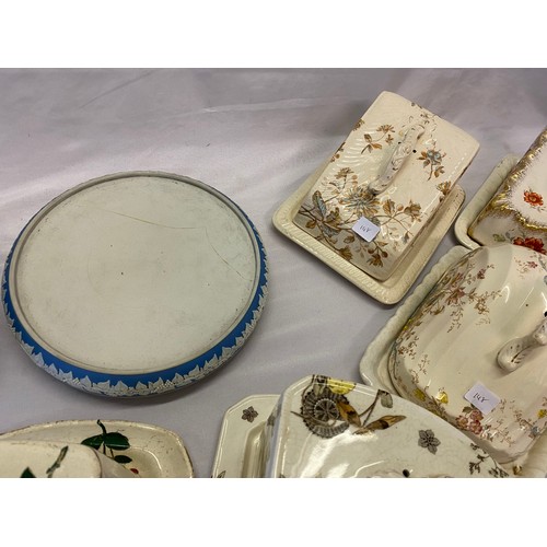 148 - A Wedgwood style blue jasper dipped cheese dish  cover, a similar base and twelve Victorian and late... 