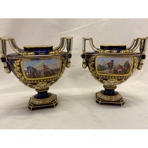 163 - A pair of 19th Century French porcelain vases, deep blue ground, pierced covers with bud finials, fi... 