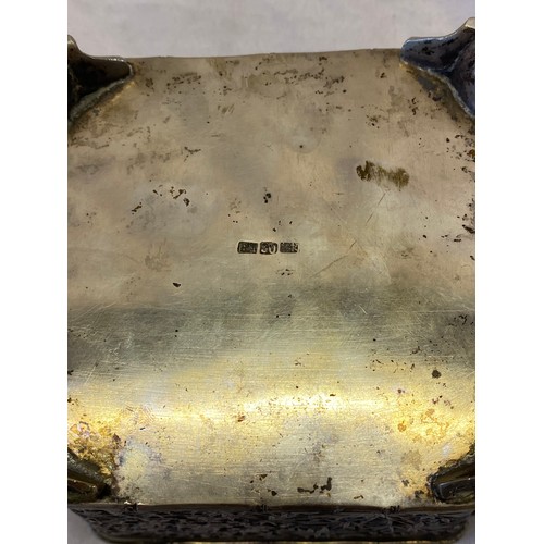 197 - A square Chinese silver bowl with pierced decoration of flowers and bamboo, blue glass liner, raised... 