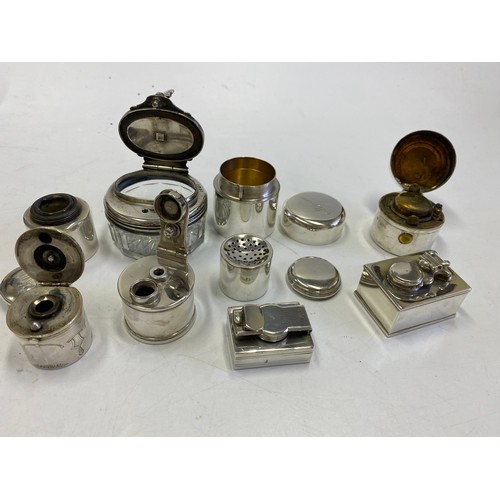 408 - Four silver travelling inkwells and five other silver inkwells