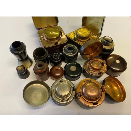 413 - Ten inkwells including a leather inkwell in burgundy leather with gilt tooling, a black diamond shap... 