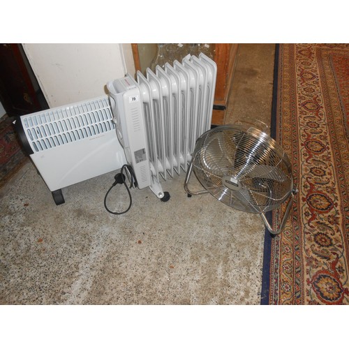 75 - A small oil filled radiator, a convector heater and a chrome fan