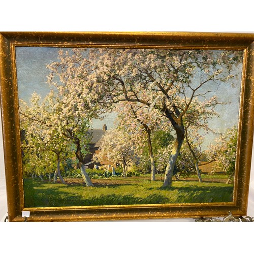 22 - A.G Petheridge.  Two signed oils - Orchard with apple trees in blossom and landscape with lady in a ... 