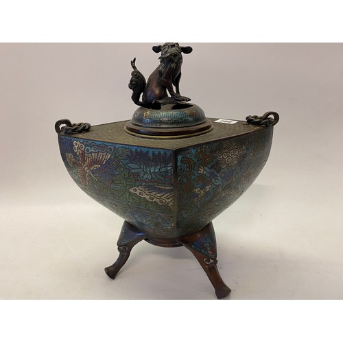 307 - A Chinese bronze koro of diamond form, the lid with Dog of Fo finial, champleve enamel decorated bod... 