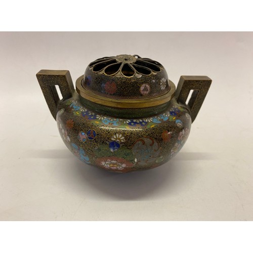 327 - A Cloisonne pot pourri with pierced lid, the body with millifiori flowers, fitted twin handles - 4 1... 