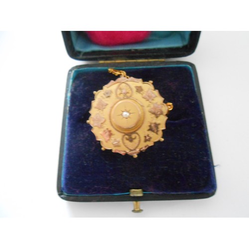 220 - A 9ct. gold brooch of target form, the centre set pearl and two 9ct. gold charms in the form of a he... 